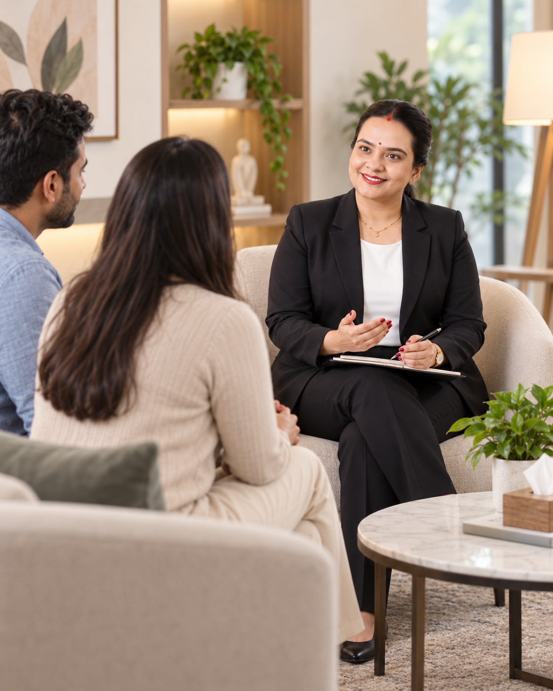 Aanchal Khare in a calm counseling session, gently guiding a couple in a supportive conversation