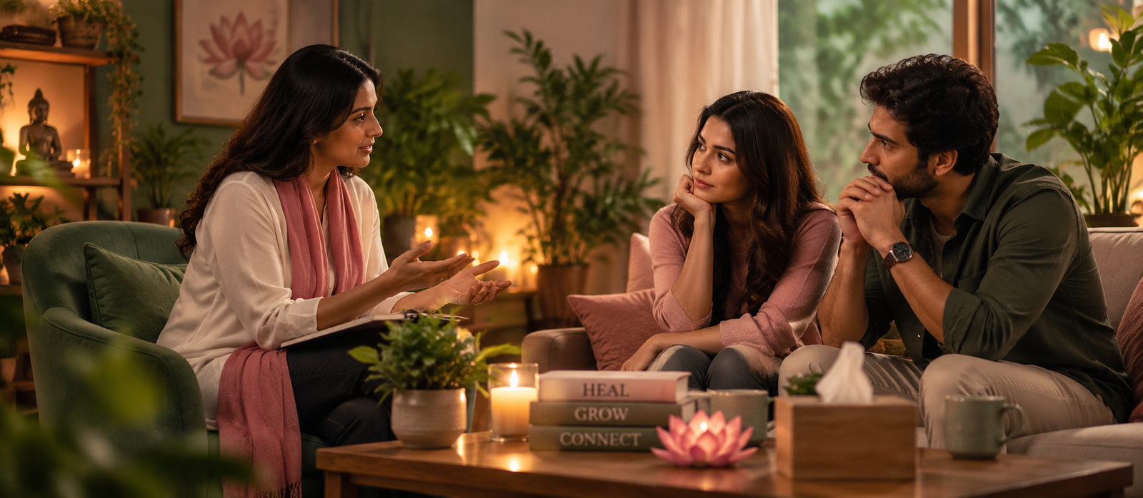 A relationship healer guiding a couple through a supportive conversation