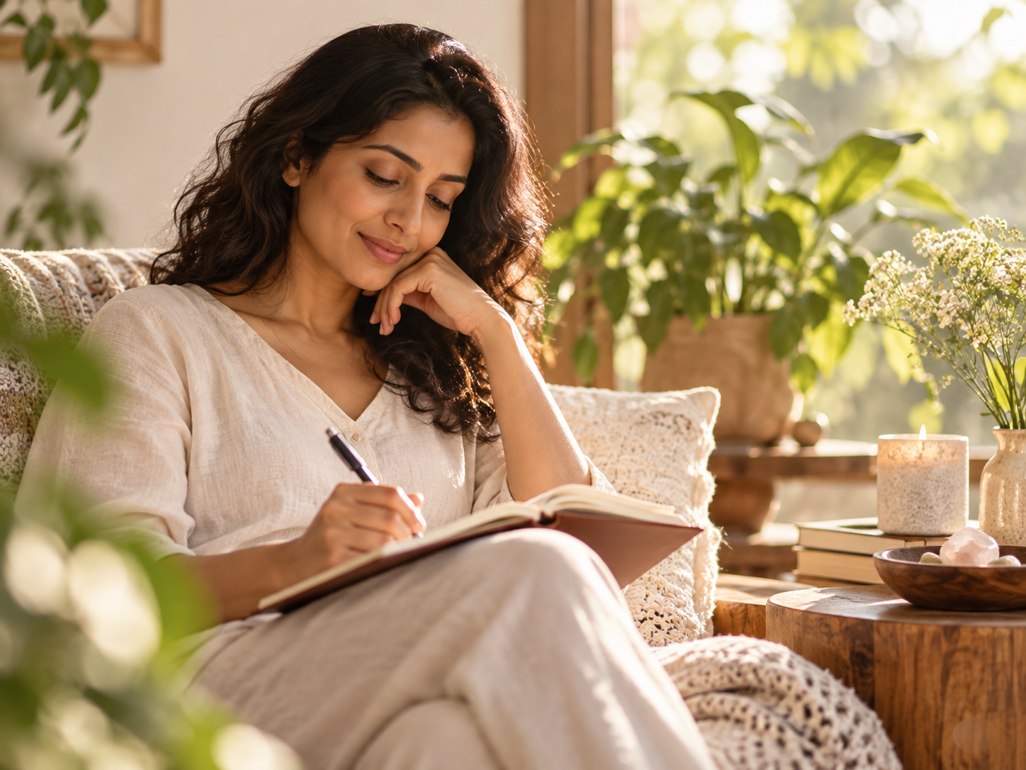 A calm reflective self-care journaling moment for Ho’oponopono prayer guidance