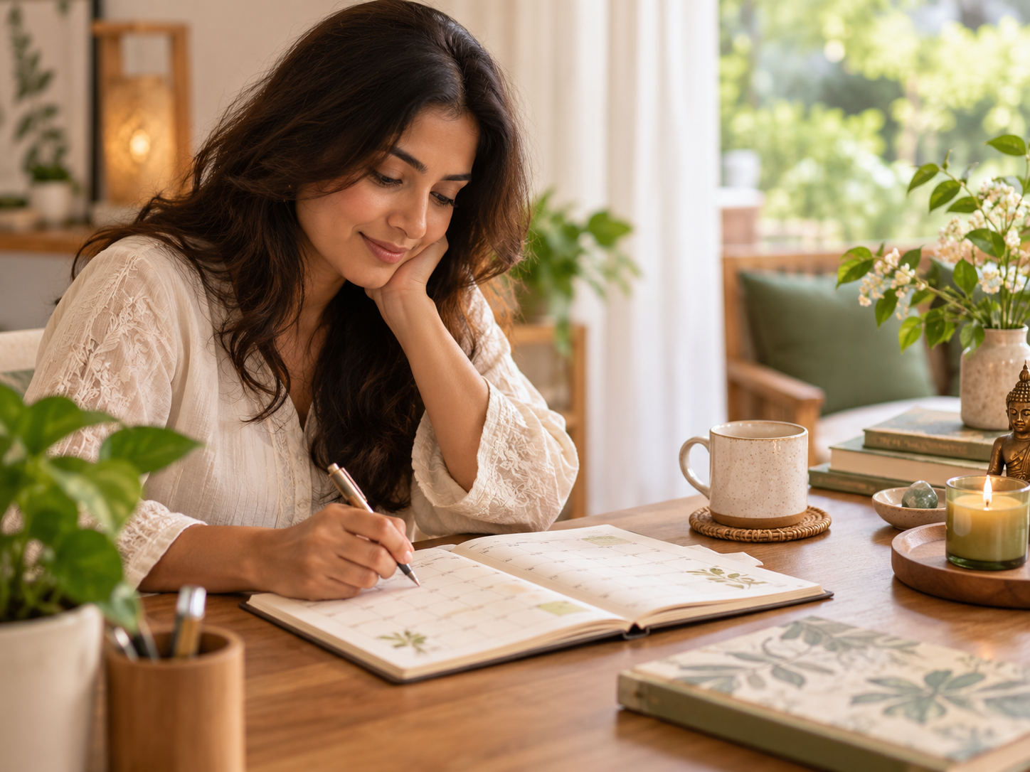 A peaceful monthly wellness planning scene with a planner and journal