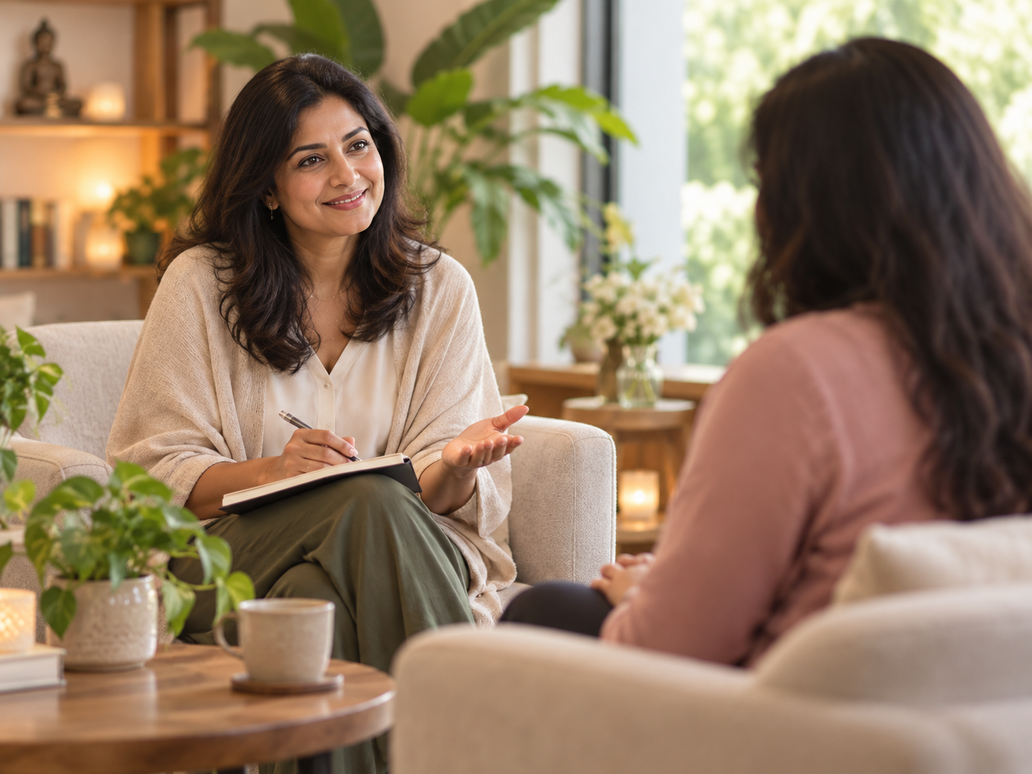 A private one-to-one consultation scene in a calm modern wellness space
