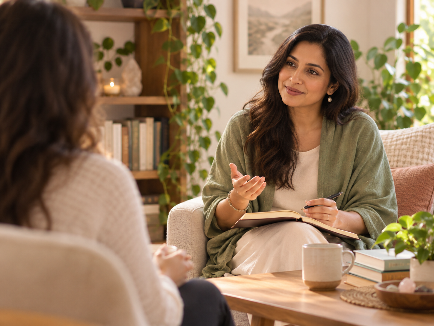 A warm knowledge-sharing coaching conversation in a serene interior