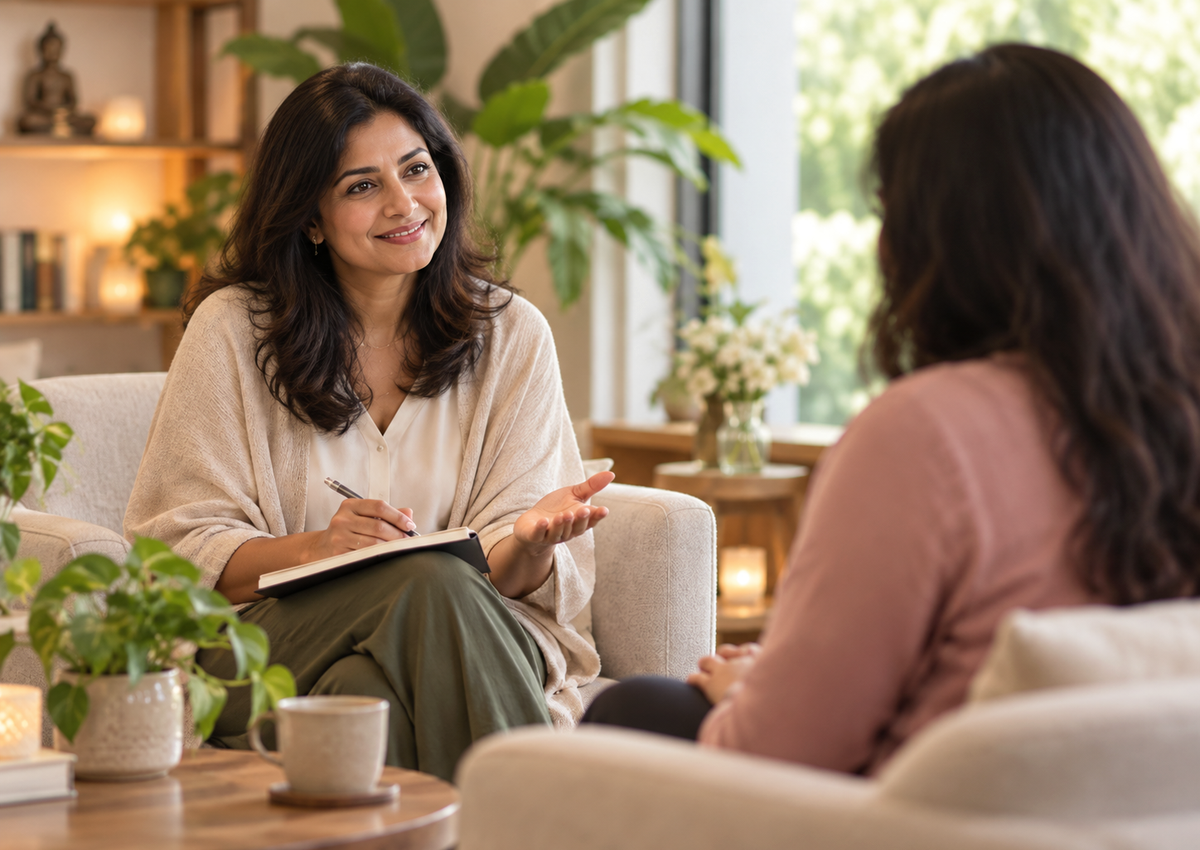 A warm private guidance conversation in a calm consultation setting